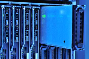 Close‑up of server blades in rack representing on‑premise HMIS infrastructure in Kenya