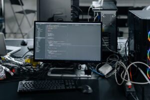 Computer workstation with code editor and server equipment symbolizing need for managed IT support in businesses.