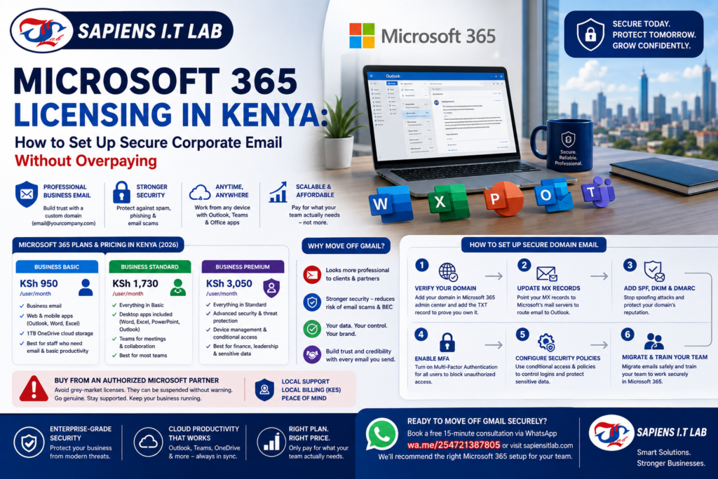 Sapiens IT Lab advertisement on Microsoft 365 licensing in Kenya showing Outlook, Teams, and Office apps with pricing plans