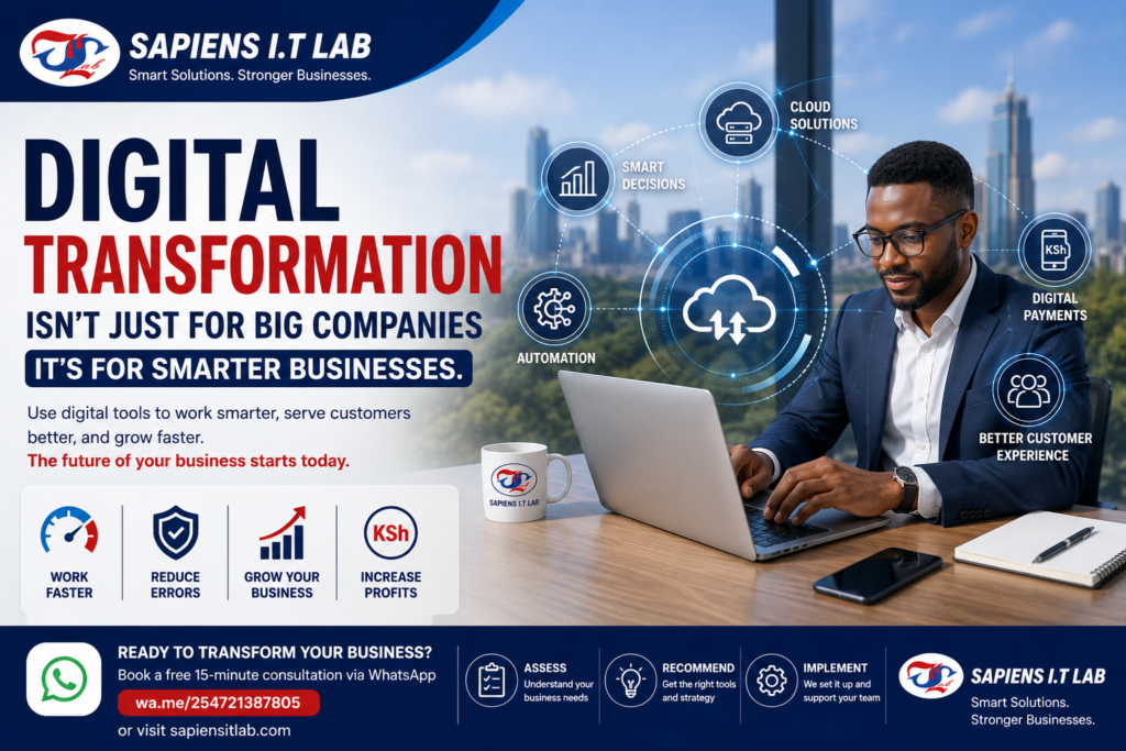 Sapiens IT Lab advertisement showing business professional with laptop and digital icons for cloud, automation, and customer experience