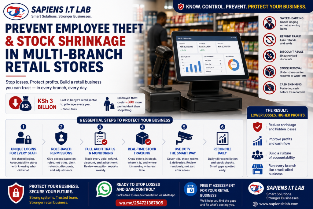 Sapiens IT Lab advertisement showing retail dashboard and strategies to prevent employee theft and stock shrinkage in multi‑branch stores.