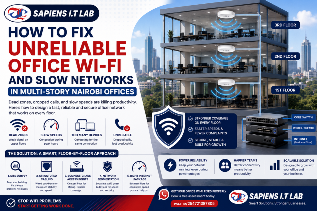 Sapiens ITLab guide showing solutions for unreliable office Wi‑Fi in multi‑story Nairobi buildings with labeled access points
